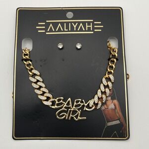 Aaliyah‎ Baby Girl Gold Chain Necklace & Rhinestone Stud Earrings Set New